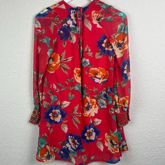 DEPRI Womens Red Floral Blouse Long Studded Cuff Sleeves Keyhole Tie Back - Picture 4 of 12